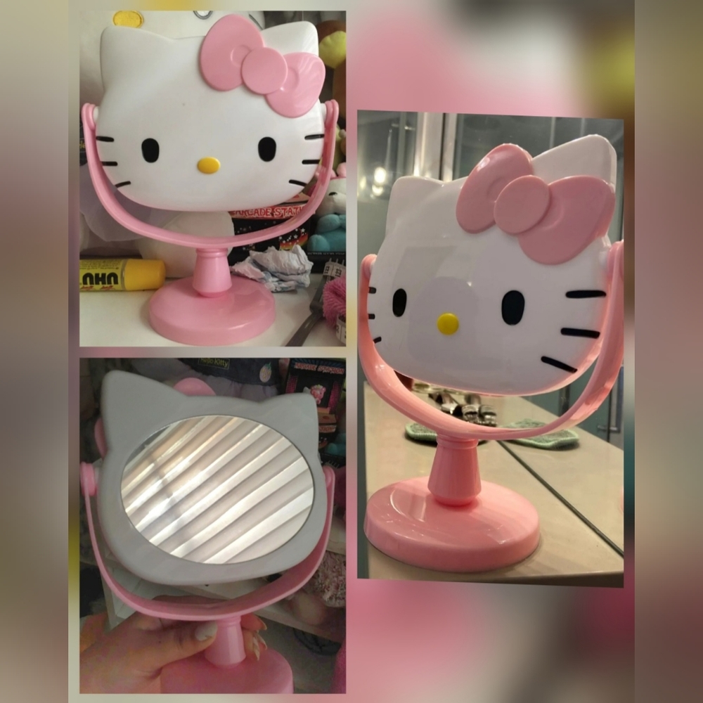 New Hello Kitty pink rotating makeup mirror approximately 8" tall. RED A…